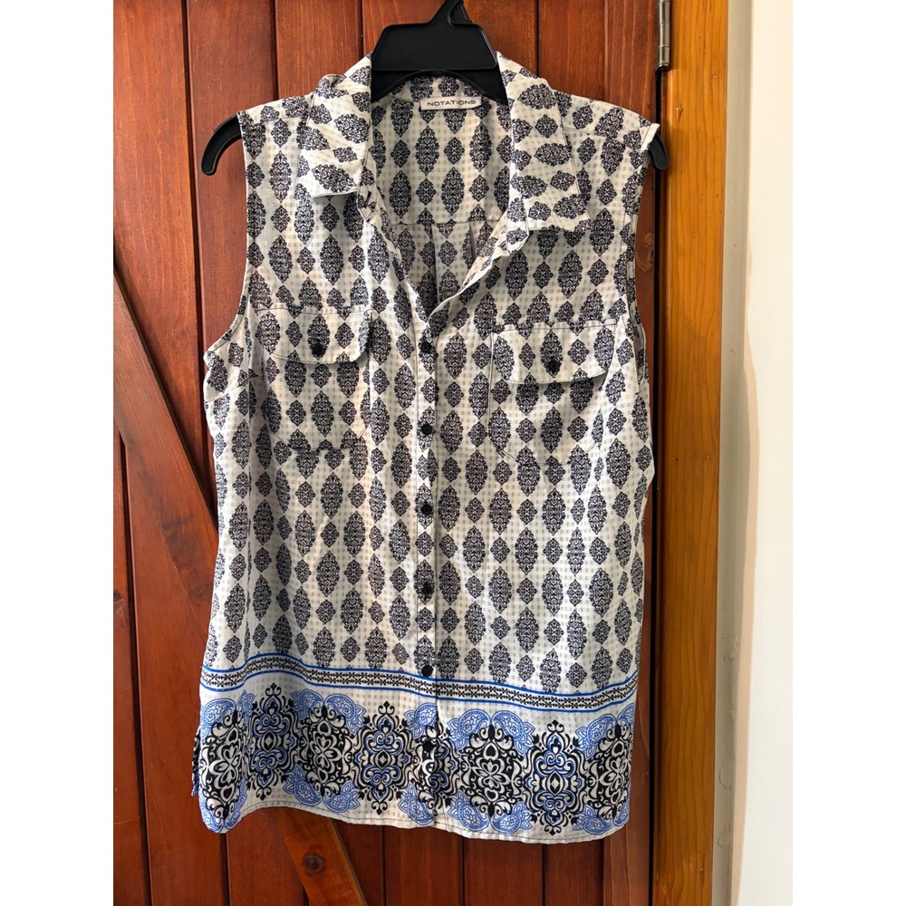 Notations Womens Sleeveless Button Down Blouse Blue White Geometric Print Top